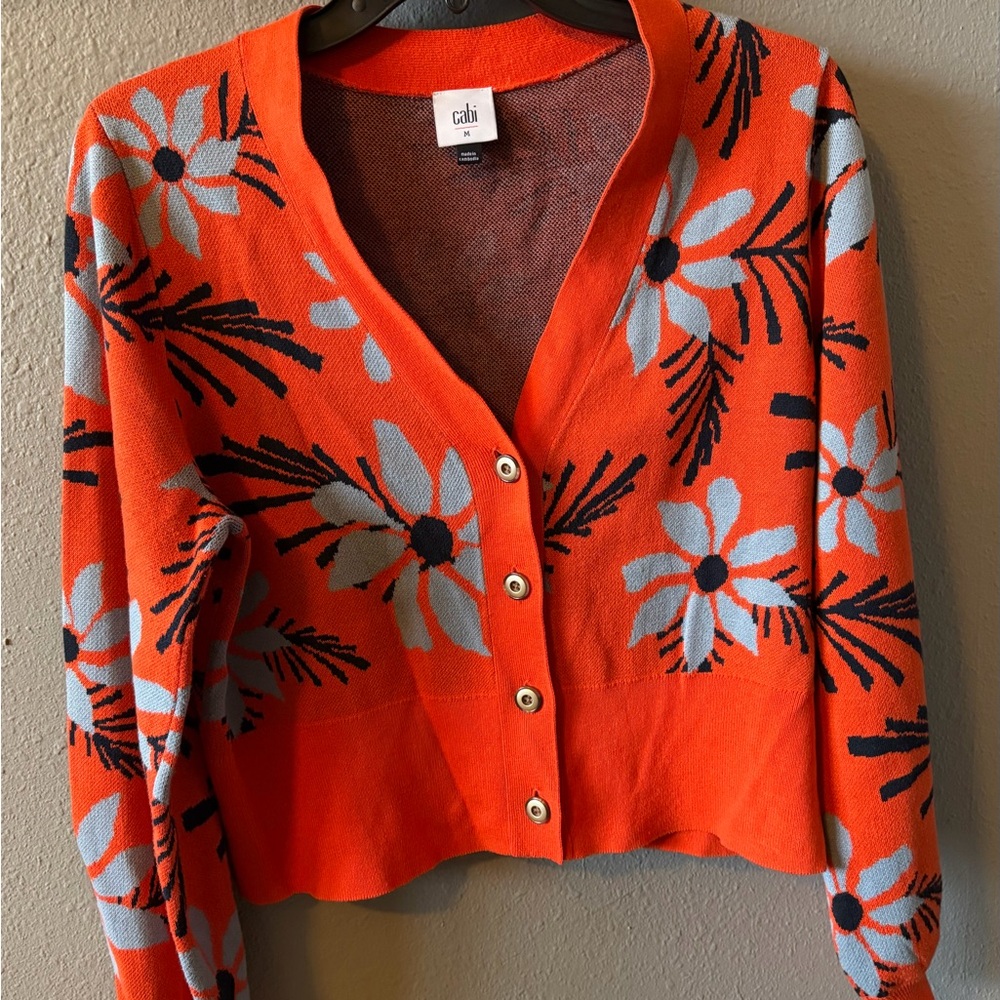 CAbi Orange Floral V-Neck Button Cardigan with Gray/Blue & Black Accents